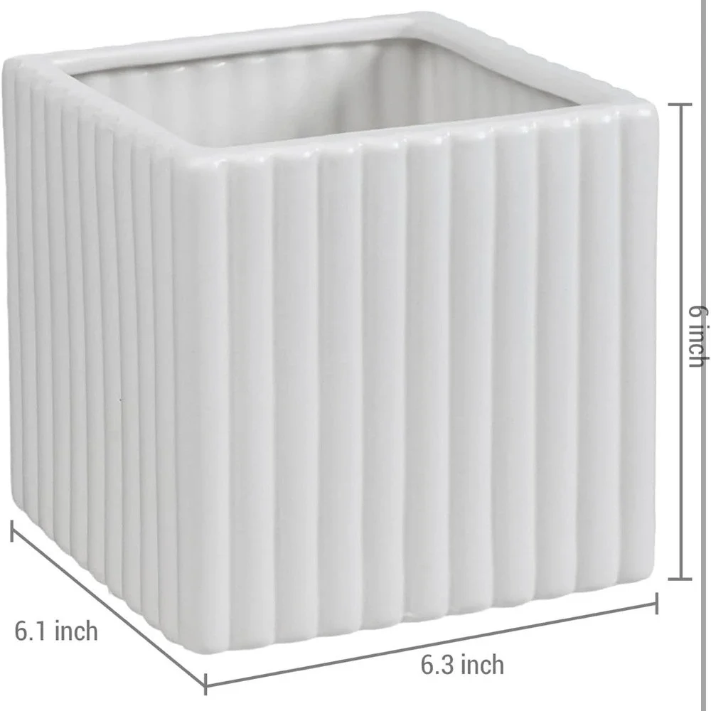 6.3 Inch Square Vintage White Ceramic Succulent Planter Pot with Vertical Ribbed